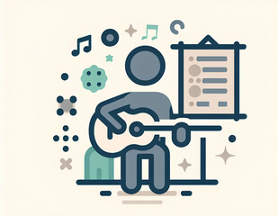 Stylized Guitarist Avatar, Creative Mood, Musical Composition on Neutral Background