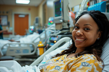 African-American woman patient hospitalized smiling on a hospital stretcher in the background. Postoperative and healthcare concept. - obrazy, fototapety, plakaty