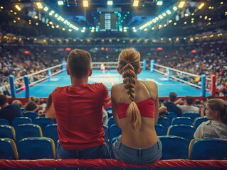Spectators and fans look at the boxing ring, illuminated by bright lights.
Concept: sport and motivation. gyms and sporting events. - obrazy, fototapety, plakaty