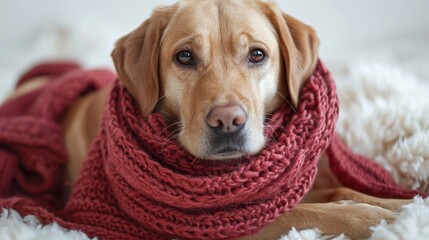 Cute puppy dog wearing red scarf looking at camera, cold weather