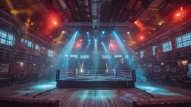 A view from the back rows of a busy boxing arena during a sporting event as a light show illuminates the room.
Concept: mass events, sports competitions and public interaction.