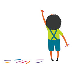 Cute black boy drawing with crayons hand drawn cartoon character illustration. Line art style design, isolated vector. Children, kids activity, preschool, nursery, kindergarten, school clipart element