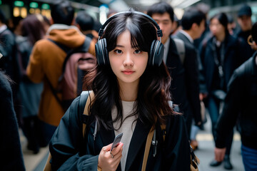 Tokyo Commute in Rush Hour: Vibrant Street Life on a Moody Morning, Capturing the Hustle and Bustle - obrazy, fototapety, plakaty