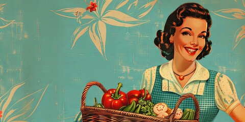 Paper textured vintage style illustration of cheerful woman holding a basket with fresh organic fruits and vegetables. Happy housewife of the 1950s concept. Copy space for text