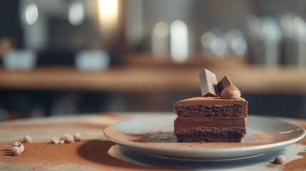 prato de bolo de chocolate em um mesa no fundo desfocado - obrazy, fototapety, plakaty