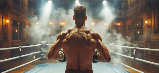 A boxer, focused on the upcoming fight, stands at the ring.
Concept: motivational sports posters and fitness applications. Strength of spirit, discipline and endurance.