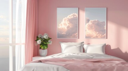 A cozy bedroom with white frame mockups featuring dreamy cloud photography.