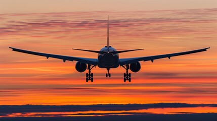 A Jetliner Takes Flight at Sunset, Landing Gear in Sight - The captivating moment a jetliner takes to the skies during the magical hour of sunset is immortalized in this image.