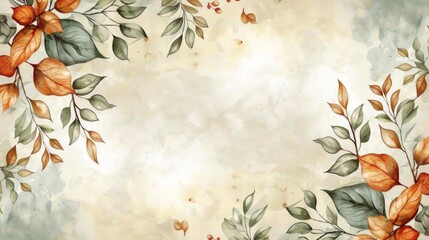 Obraz premium Watercolor background with leaves. Flat lay, top view, copy space. retro vintage style and soft focus.