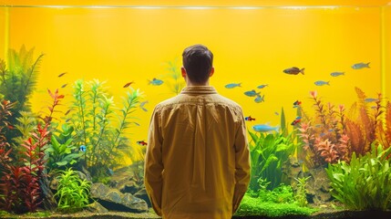 Contemplative Aquatecture: Middle Eastern man reflecting on a thriving aquarium ecosystem against a yellow canvas - obrazy, fototapety, plakaty