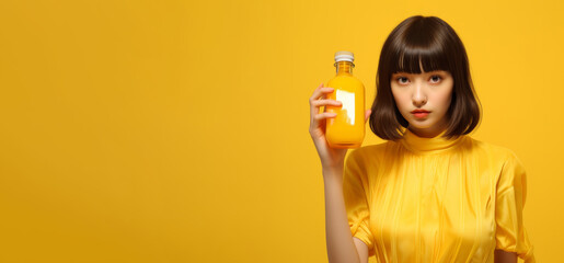 A young woman is showing yellow orange liquid bottle like a honey, oil, or orange juice. She is Standing in front of vivid yellow background with the same her yellow cloth color. Generative AI.