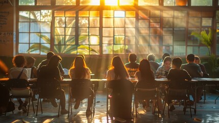 A classroom filled with vibrant minds, eagerly engaged in discussion under the warm glow of morning sunlight. - obrazy, fototapety, plakaty