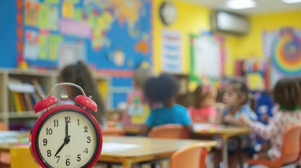 A classroom clock ticking away the minutes, a reminder that every second is an opportunity for growth and learning. - obrazy, fototapety, plakaty