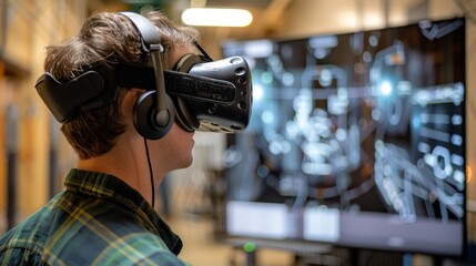 Virtual Reality (VR) headset being worn by an engineer simulating the experience of controlling and manipulating