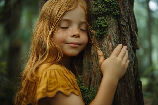A young girl with a serene expression hugging a tree, bathed in warm sunset light filtering through leaves. Child Enjoying Nature's Embrace in Golden Light.