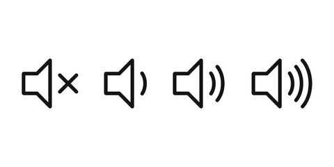 Speaker volume icons with sound waves. Volume up, down, and mute collection. Vector illustration