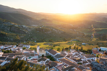 Aerial view of Zahara at sunset with Chapel of San Juan de Letran - Zahara de la Sierra, Andalusia,...
