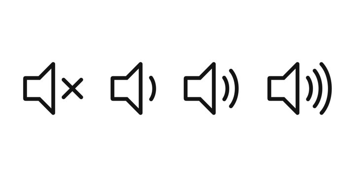 Speaker volume icons with sound waves. Volume up, down, and mute collection. Vector illustration