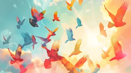 Illustration of a flock of birds flying in the sky.