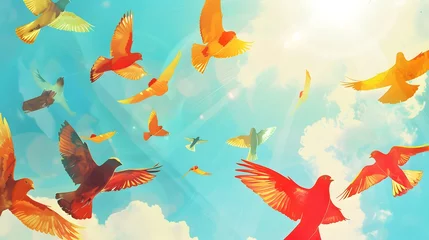 Ingelijste posters Illustration of a flock of birds flying in the sky. © KHF