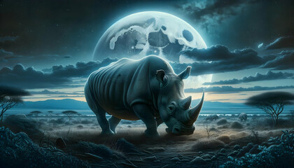 A serene African landscape at night featuring a powerful rhino beneath a dramatically large moon, symbolizing tranquility and strength. - obrazy, fototapety, plakaty
