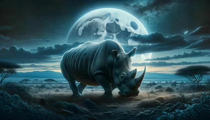 Fototapeten A serene African landscape at night featuring a powerful rhino beneath a dramatically large moon, symbolizing tranquility and strength. © Pawin
