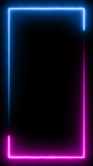 Abstract blue pink neon glowing line frame, animated moving led light screen box projection 3d rendering, empty blank space vertical presentation design background, futuristic laser sprectrum backdrop