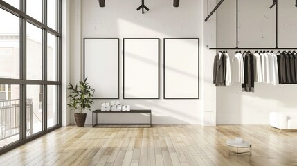 A chic boutique interior with black frame mockups highlighting minimalist fashion sketches.