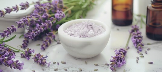 Lavender flowers in mortar on table  natural cosmetic ingredient with copy space