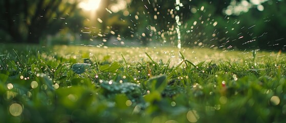 Water sprinkler spraying droplets on a vibrant green lawn with sunflare, symbolizing garden care and summer freshness. - obrazy, fototapety, plakaty