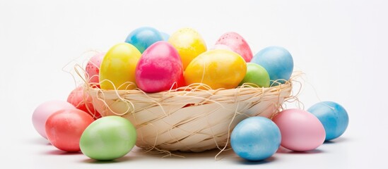 A woven basket overflowing with vibrant and assorted eggs, all in different shapes and colors, placed against a plain white background.