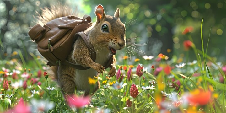 An adventurous squirrel with a backpack dashing through a sunlit meadow dotted with daisies