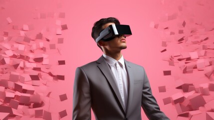 In a minimalist pink setting, a man in a suit and VR headset reaches out, immersed in a cloud of pink digital fragments symbolizing data analysis.