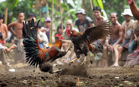 A dynamic cockfight with roosters engaged in battle while surrounded by an attentive crowd in a tropical village setting.