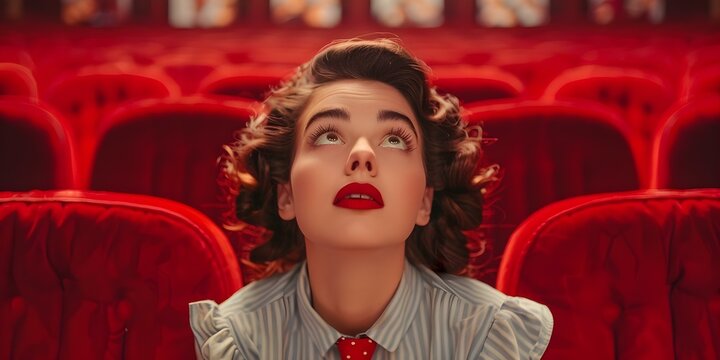 Woman in vintage attire enthusiastically watching a film in a theater filled with red seats depicted in a contemporary art montage. Concept Vintage Fashion, Movie Theater, Red Seats