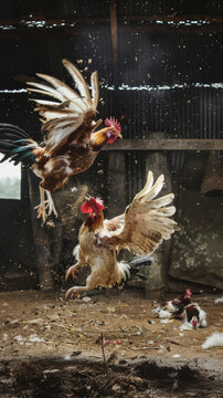 Two roosters in mid-air combat, feathers flying, inside a rustic barn with sunlight streaming through gaps.