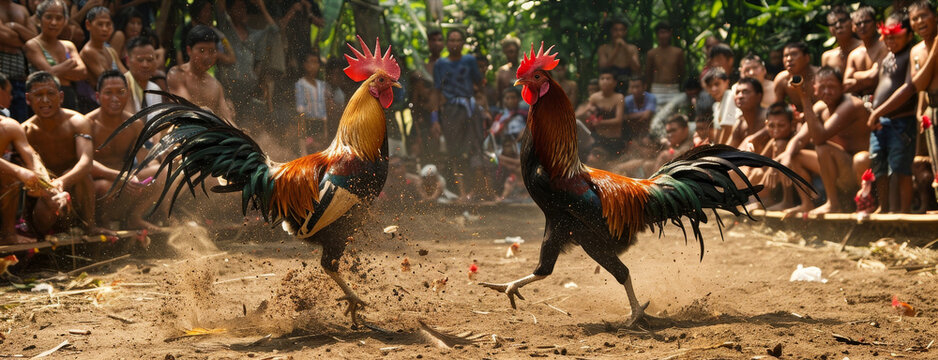 A dynamic cockfight with roosters engaged in battle while surrounded by an attentive crowd in a tropical village setting.