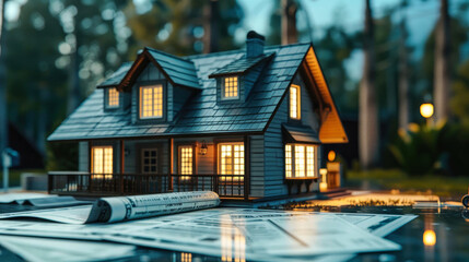 A charmingly detailed miniature house with glowing windows set amid a twilight scene highlights homely warmth and real estate concepts - obrazy, fototapety, plakaty