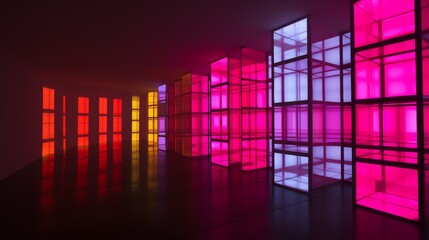 A modern art installation captures a spectrum of neon lights in a geometric array, reflecting off a glossy floor.