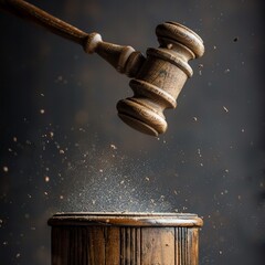 Close-up of a judges gavel mid-air capturing the decisive moment of judgment - obrazy, fototapety, plakaty