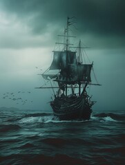 A ghostly sailing pirate ship emerges from a dense fog on the open sea, creating a mysterious and eerie maritime scene. - obrazy, fototapety, plakaty