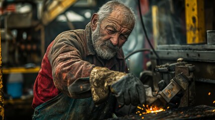 Fototapeta na wymiar Senior craftsman grinding in his workshop
