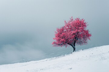 a tree with pink flowers on a snowy hill