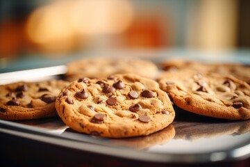 Exquisite chocolate chip cookies on a plastic tray against a minimalist or empty room background