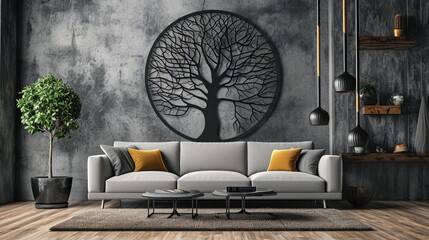 a captivating visual featuring a tree mandala on a cool-toned wall, with a modern sofa adding a...
