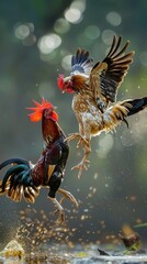 Intense Rooster Fight in a Dusty Field with Flapping Wings and Clashing Beaks.