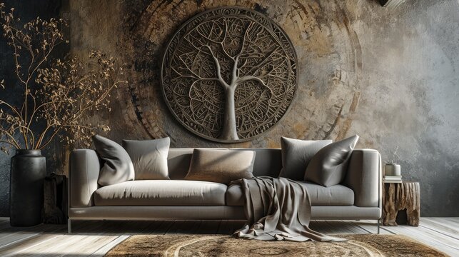 a captivating visual featuring a tree mandala on a cool-toned wall, with a modern sofa adding a touch of sophistication.