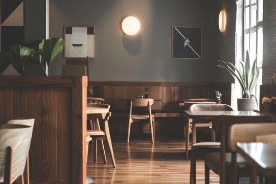 Contemporary restaurant interior with wooden furniture and stylish lighting