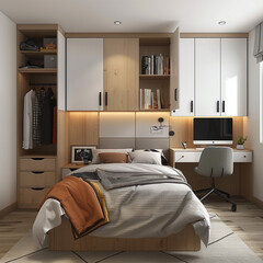 A bedroom with a bed, a wardrobe and a computer desk on a white background


