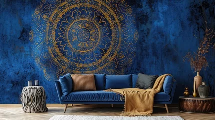 Wandcirkels tuinposter a captivating scene featuring an intricate mandala on a cobalt blue wall, enhancing the aesthetic appeal with a cozy sofa. © Lal